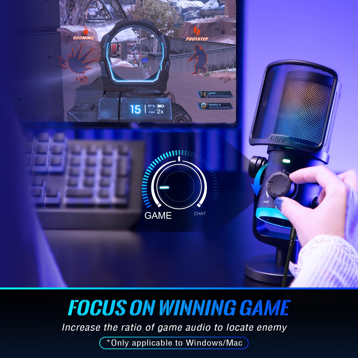 FIFINE AmpliGame AM6 USB Gaming Microphone, RGB Condenser Mic with Noise Cancellation & Mute Button for Twitch/Podcast/Discord, Black